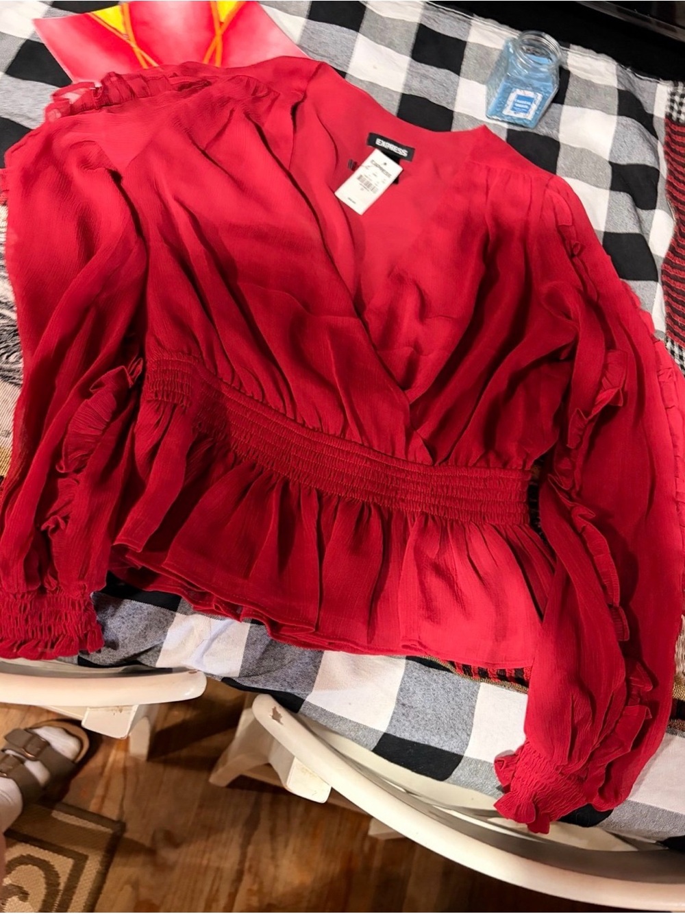 Express Red Wrap-Style Blouse with Smocked Waist